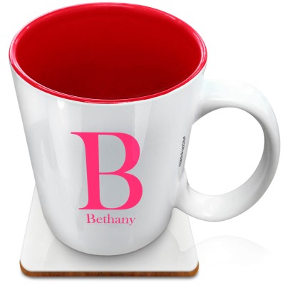 (XL 15oz Red) Hot Pink (Fuchsia) (Personalised with Text) with 1 matching Square Coaster