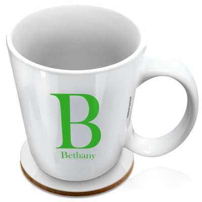 (XL 15oz White) Bright Green (Personalised with Text) with 1 matching Circular Coaster