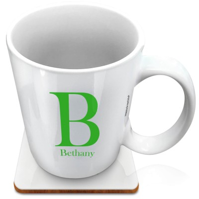 (XL 15oz White) Bright Green (Personalised with Text) with 1 matching Square Coaster