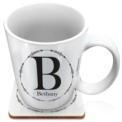 (XL 15oz White) with Circular Ring Theme Black (Personalised with Text) with 1 matching Square Coaster