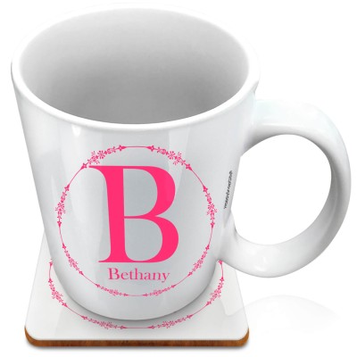 (XL 15oz White) with Circular Ring Theme Hot Pink (Fuchsia) (Personalised with Text) with 1 matching Square Coaster