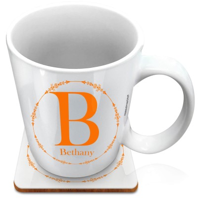 (XL 15oz White) with Circular Ring Theme Burnt Orange (Personalised with Text) with 1 matching Square Coaster