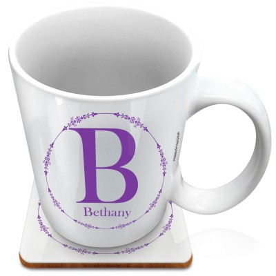 (XL 15oz White) with Circular Ring Theme Purple (Personalised with Text) with 1 matching Square Coaster
