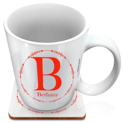 (XL 15oz White) with Circular Ring Theme Red (Personalised with Text) with 1 matching Square Coaster