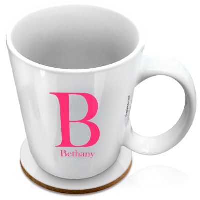 (XL 15oz White) Hot Pink (Fuchsia) (Personalised with Text) with 1 matching Circular Coaster
