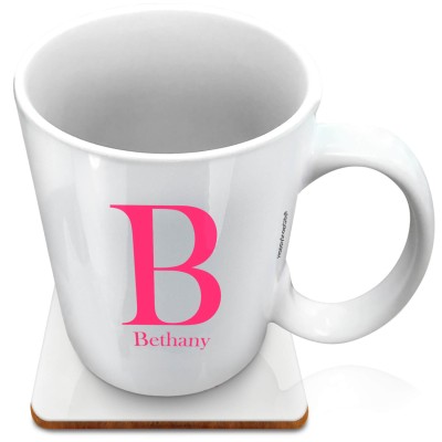 (XL 15oz White) Hot Pink (Fuchsia) (Personalised with Text) with 1 matching Square Coaster