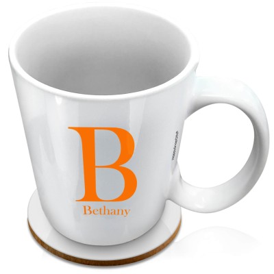 (XL 15oz White) Burnt Orange (Personalised with Text) with 1 matching Circular Coaster