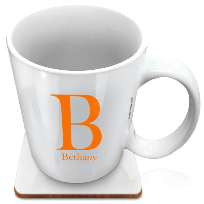 (XL 15oz White) Burnt Orange (Personalised with Text) with 1 matching Square Coaster