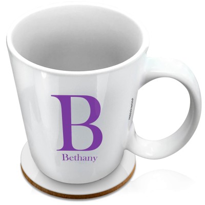 (XL 15oz White) Purple (Personalised with Text) with 1 matching Circular Coaster