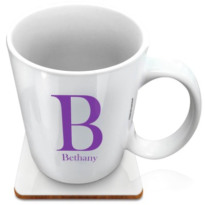 (XL 15oz White) Purple (Personalised with Text) with 1 matching Square Coaster