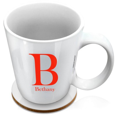 (XL 15oz White) Red (Personalised with Text) with 1 matching Circular Coaster