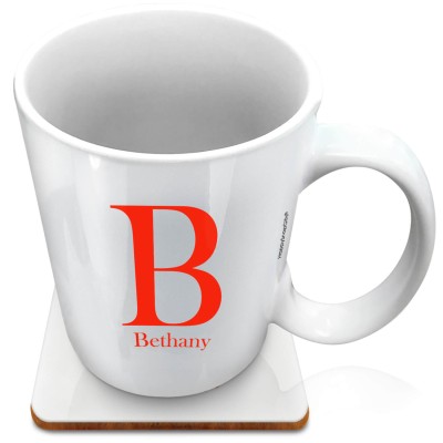(XL 15oz White) Red (Personalised with Text) with 1 matching Square Coaster