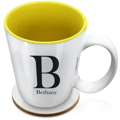 (XL 15oz Yellow) Black (Personalised with Text) with 1 matching Circular Coaster