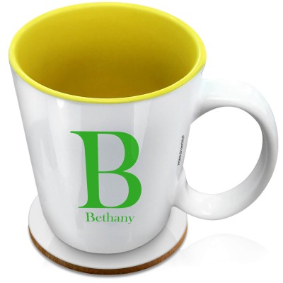 (XL 15oz Yellow) Bright Green (Personalised with Text) with 1 matching Circular Coaster