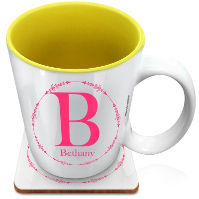 (XL 15oz Yellow) with Circular Ring Theme Hot Pink (Fuchsia) (Personalised with Text) with 1 matching Square Coaster