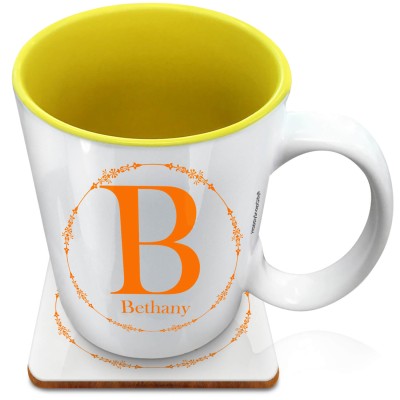 (XL 15oz Yellow) with Circular Ring Theme Burnt Orange (Personalised with Text) with 1 matching Square Coaster