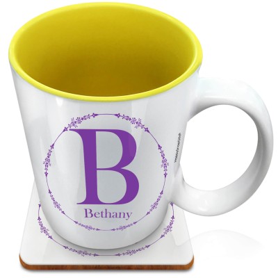 (XL 15oz Yellow) with Circular Ring Theme Purple (Personalised with Text) with 1 matching Square Coaster