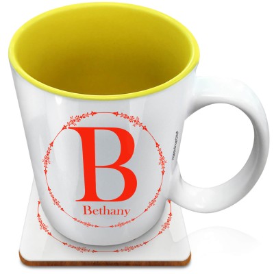 (XL 15oz Yellow) with Circular Ring Theme Red (Personalised with Text) with 1 matching Square Coaster