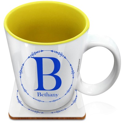 (XL 15oz Yellow) with Circular Ring Theme Royal Blue (Personalised with Text) with 1 matching Square Coaster