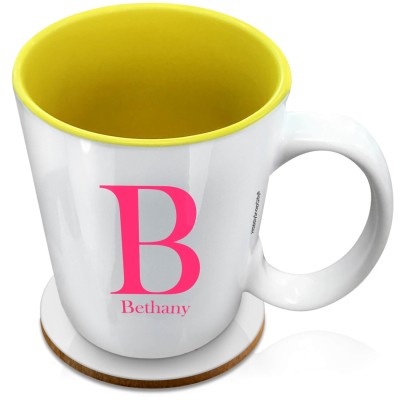 (XL 15oz Yellow) Hot Pink (Fuchsia) (Personalised with Text) with 1 matching Circular Coaster