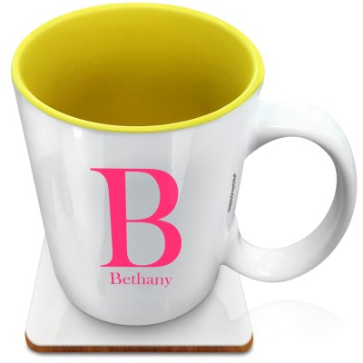 (XL 15oz Yellow) Hot Pink (Fuchsia) (Personalised with Text) with 1 matching Square Coaster