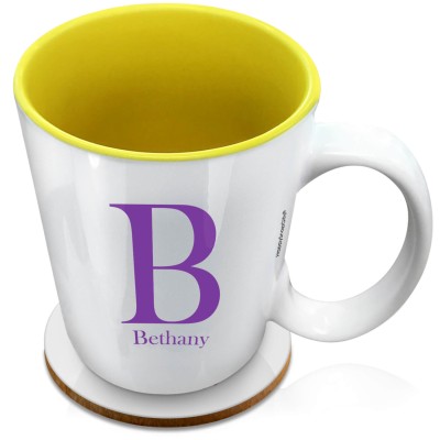 (XL 15oz Yellow) Purple (Personalised with Text) with 1 matching Circular Coaster