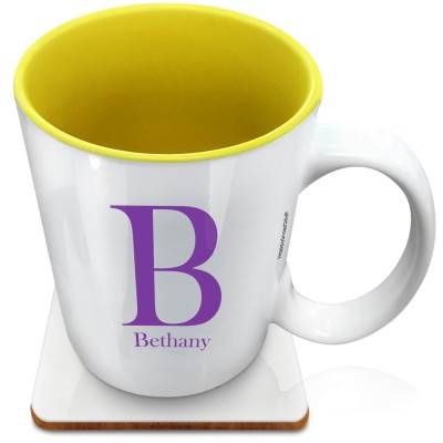 (XL 15oz Yellow) Purple (Personalised with Text) with 1 matching Square Coaster