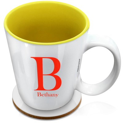 (XL 15oz Yellow) Red (Personalised with Text) with 1 matching Circular Coaster