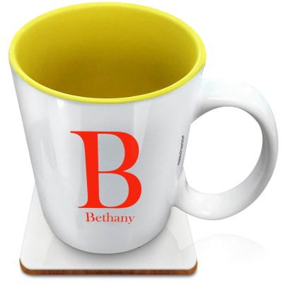 (XL 15oz Yellow) Red (Personalised with Text) with 1 matching Square Coaster