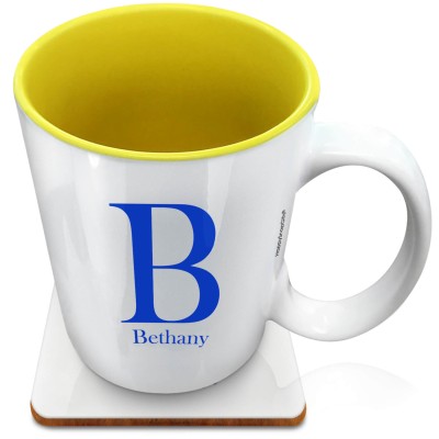 (XL 15oz Yellow) Royal Blue (Personalised with Text) with 1 matching Square Coaster