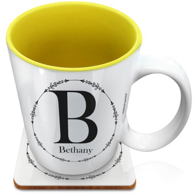 (XL 15oz Yellow) with Circular Ring Theme Black (Personalised with Text) with 1 matching Square Coaster