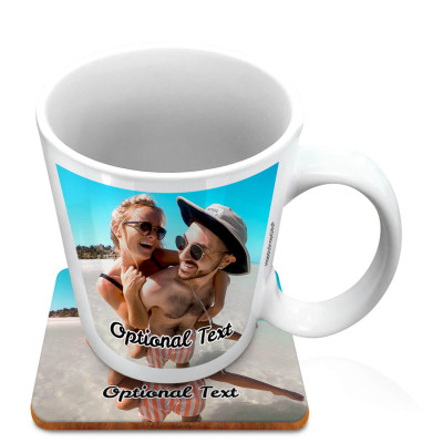 (10oz White) with 1 Photo Printed Front & Back (Personalised with Text) with 1 matching Square Coaster