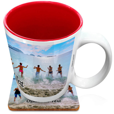 (XL 15oz Red) with 1 Wrapped Around Image (Personalised with Text) with 1 matching Square Coaster