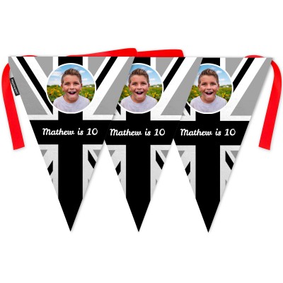 - 5 Metres with 12 Triangle Flags (28cm) Black & White Mock Suede Polyester Fabric (Personalised with Text)