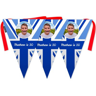 - 5 Metres with 12 Triangle Flags (28cm) Blue Mock Suede Polyester Fabric (Personalised with Text)