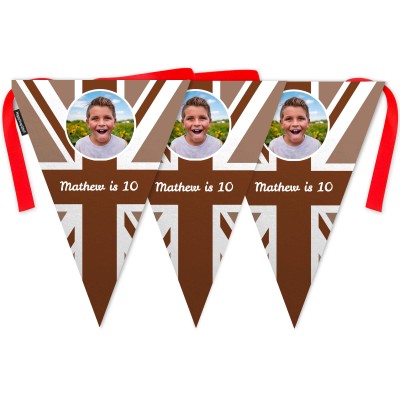 - 5 Metres with 12 Triangle Flags (28cm) Brown Mock Suede Polyester Fabric (Personalised with Text)