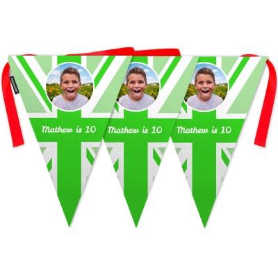 - 5 Metres with 12 Triangle Flags (28cm) Green Mock Suede Polyester Fabric (Personalised with Text)