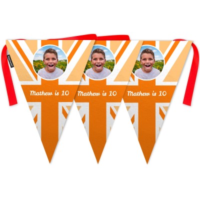 - 5 Metres with 12 Triangle Flags (28cm) Orange Mock Suede Polyester Fabric (Personalised with Text)