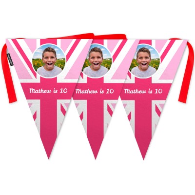 - 5 Metres with 12 Triangle Flags (28cm) Pink Mock Suede Polyester Fabric (Personalised with Text)