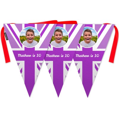 - 5 Metres with 12 Triangle Flags (28cm) Purple Mock Suede Polyester Fabric (Personalised with Text)