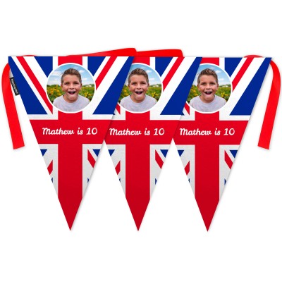 - 5 Metres with 12 Triangle Flags (28cm) Red, White and Blue (Classic) Mock Suede Polyester Fabric (Personalised with Text)