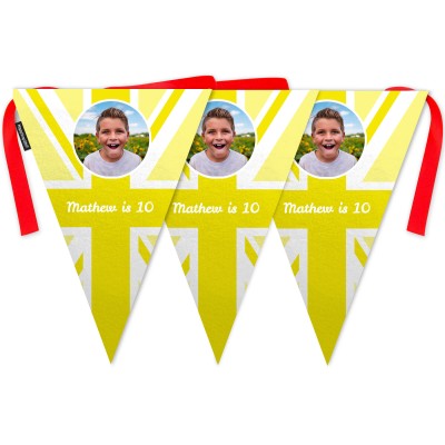 - 5 Metres with 12 Triangle Flags (28cm) Yellow Mock Suede Polyester Fabric (Personalised with Text)