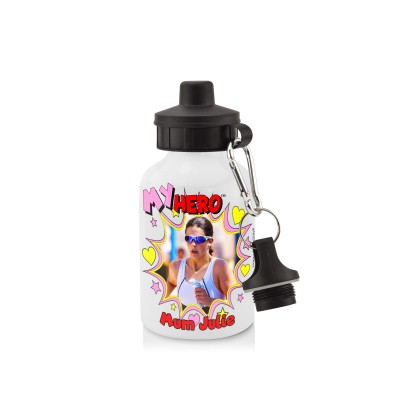 - White (400ml Mini) + Screw Cap with Hearts & Stars Design with 1 Photo Printed Front & Back (Personalised with Text)