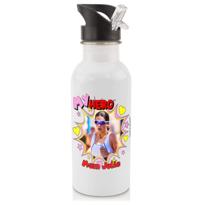 in White (600ml) with Drinking Straw with Hearts & Stars Design with 2 Photos Printed Front & Back (Personalised with Text)