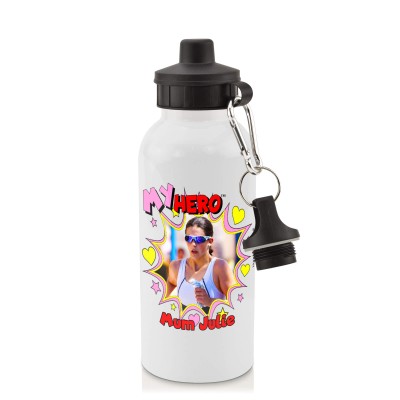 in White (600ml) with Screw Cap with Hearts & Stars Design with 2 Photos Printed Front & Back (Personalised with Text)