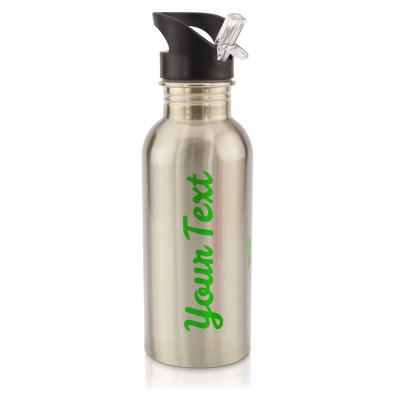 in Silver (600ml) with Drinking Straw Bright Green (Personalised with Text)