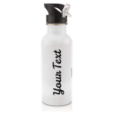 in White (600ml) with Drinking Straw Black (Personalised with Text)