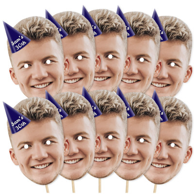 Pack of 10 (A4) with Hat Theme (Navy Blue) Finished Masks + Sticks (Personalised with Text)