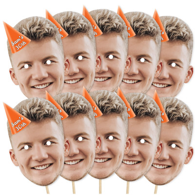 Pack of 10 (A4) with Hat Theme (Orange) Finished Masks + Sticks (Personalised with Text)