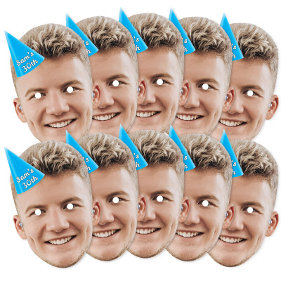 Pack of 10 (A4) with Hat Theme (Blue) Finished Masks + Elastics (Personalised with Text)